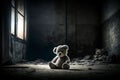 A teddy bear sitting on the floor of a dark, abandoned room. Mysterious, scary place.