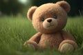 Teddy bear sitting on a floor and on green grass on wodden and nature background Royalty Free Stock Photo