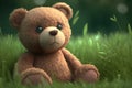 Teddy bear sitting on a floor and on green grass on wodden and nature background Royalty Free Stock Photo