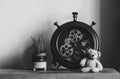 Teddy bear sitting next to old table clock and cactus on wooden with space copy in mono tone, Black and white image of cute brown Royalty Free Stock Photo