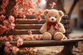 Teddy bear sitting on a park bench, forgotten lonely child toy, sunny day in spring