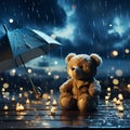 Teddy bear sitting in the raining with the umbrella