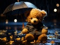 Teddy bear sitting in the raining with the umbrella