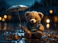 Teddy bear sitting in the raining with the umbrella