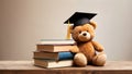 Teddy bear sitting on stack of books and graduation cap on wooden table Royalty Free Stock Photo