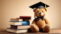 Teddy bear sitting on stack of books and graduation cap on wooden table Royalty Free Stock Photo