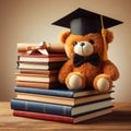 Teddy bear sitting on stack of books and graduation cap on wooden table Royalty Free Stock Photo