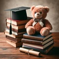 Teddy bear sitting on stack of books and graduation cap on wooden table Royalty Free Stock Photo