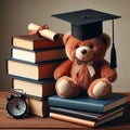 Teddy bear sitting on stack of books and graduation cap on wooden table Royalty Free Stock Photo