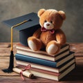 Teddy bear sitting on stack of books and graduation cap on wooden table Royalty Free Stock Photo