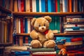 Teddy bear sitting on top of pile of books in front of bookshelf. Generative AI Royalty Free Stock Photo