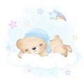 Teddy bear sleeping on the cloud watercolor background