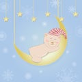 Teddy bear sleeping on crescent moon and snowflake background Royalty Free Stock Photo