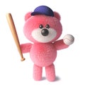 Teddy bear with soft pink fur wearing a baseball hat and holding a baseball bat and ball, 3d illustration