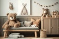 Teddy bear soft toy with interiorLuxury interior design with sofa,AI Generated. Royalty Free Stock Photo