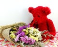 teddy bear and statice flower bouquet with printed fabric Royalty Free Stock Photo