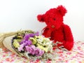 teddy bear and statice flower bouquet with printed fabric Royalty Free Stock Photo