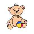 Teddy bear with stitches with a ball , cute innocent teddy bear, vector illulstration clip art