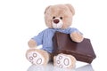 Teddy bear with suitcase isolated on white background - sabbatical or holiday concept Royalty Free Stock Photo