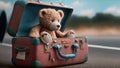 Teddy bear in a suitcase on the roard. Travel tourism concept. Generative AI Royalty Free Stock Photo