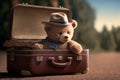 Teddy bear in a suitcase on the roard. Travel tourism concept. Generative AI Royalty Free Stock Photo