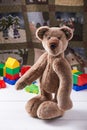 Teddy bear surrounded by blocks of children's plastic building kit Royalty Free Stock Photo