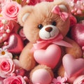 Teddy bear surrounded by hearts and pink flowers. Valentine's Day Gift