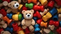 A teddy bear surrounded by a pile of wooden toys, AI