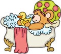 Teddy bear taking a bath with shower duck Royalty Free Stock Photo