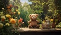 a teddy bear toy, contentedly perched on a park table