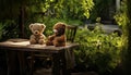 a teddy bear toy, contentedly perched on a park table