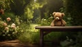 a teddy bear toy, contentedly perched on a park table