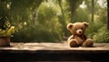 a teddy bear toy, contentedly perched on a park table