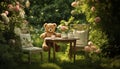 a teddy bear toy, contentedly perched on a park table