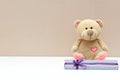 teddy bear toy with gift box on white background with copy space. valentines womens day, love, romance, dating concept Royalty Free Stock Photo
