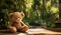 a teddy bear toy, seated on a rustic park table