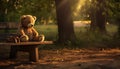 a teddy bear toy, seated on a rustic park table