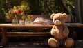 a teddy bear toy, seated on a rustic park table