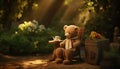 a teddy bear toy, seated on a rustic park table