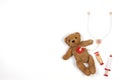 Teddy bear with toy stethoscope and toy medicine tools on a white background. Top view. Copy space for text Royalty Free Stock Photo