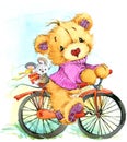 Teddy bear travel and bicycle. watercolor illustration Royalty Free Stock Photo