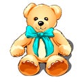 Teddy bear with a turquoise bow isolated on white background. Vector illustration.
