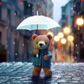Teddy bear with umbrella on the street in rainy day, close up