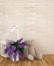 Teddy bear with vase of purple and bird cage in kid room for artwork - 3D rendering Royalty Free Stock Photo