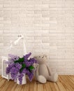 Teddy bear with vase of purple and bird cage in kid room for artwork - 3D rendering