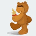 Teddy bear walking with bottle of scotch in his
