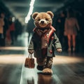 a teddy bear is walking with a purse in his hand Royalty Free Stock Photo