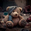 this teddy bear was left sitting on the rubble in a dilapidated building
