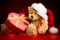 Teddy Bear Wearing a Christmas Hat and Hugging a Box Royalty Free Stock Photo