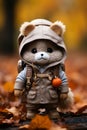 a teddy bear wearing a jacket and holding an apple Royalty Free Stock Photo